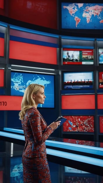 An image of a modern newsroom with multiple screens displaying breaking news headlines and reporters working under pressure. The image captures the fast-paced and dynamic nature of traditional news.