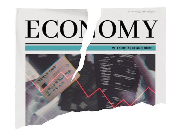 A collage image. One side shows a newspaper headline announcing a stock market crash. The other side shows a chart illustrating long-term economic growth trends, with annotations highlighting key contributing factors and historical events.