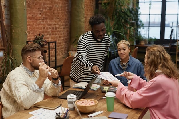 A photograph showing a diverse group of people collaborating around a table, with one person presenting data on a screen. The atmosphere should be positive and inclusive, representing effective stakeholder engagement.