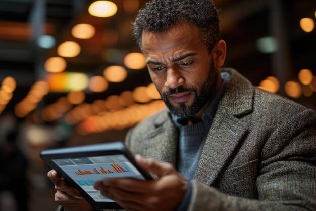A person confidently navigating a complex stock market chart using a tablet, utilizing Timeless Reports data to make informed investment decisions.