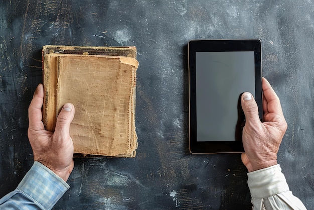 A split image showing an old ledger book on one side and a modern tablet displaying financial analytics on the other, symbolizing the transition from traditional record-keeping to modern data analysis.