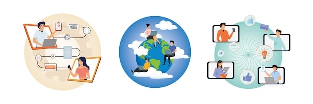 A digital illustration representing a global network of interconnected devices and people. The illustration features a blurred background of various cityscapes and landscapes, emphasizing the interconnectedness of the world through technology and the rise of remote work and digital collaboration.