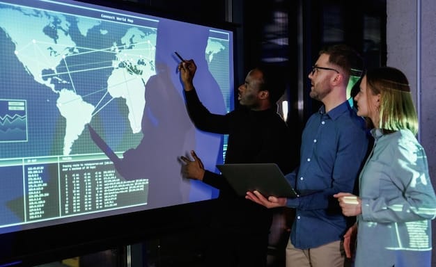 A collaborative team working on a large screen displaying a world map with multiple data points and risk indicators. The scene emphasizes teamwork and data-driven decision-making in assessing geopolitical risks.