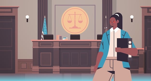 An illustration depicting a courtroom scene with scales of justice in the center, balanced precariously between a shield representing national security and a scroll representing civil liberties.