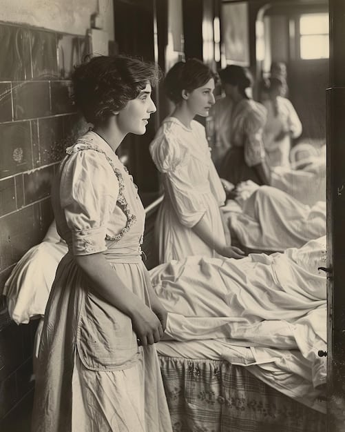 A black and white photograph from the early 20th century showing a group of nurses attending to patients in a hospital ward.