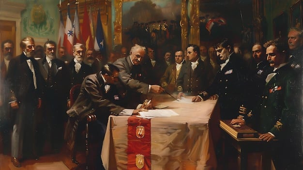 A painting depicting the signing of the English Bill of Rights in 1689, highlighting the inclusion of the right to bear arms.