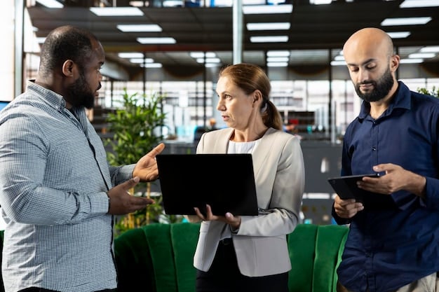A diverse group of workers collaborating in a modern, tech-driven office space. The scene includes workers engaged in various activities such as coding, data analysis, and virtual meetings, emphasizing the importance of technology and teamwork in future workplaces.