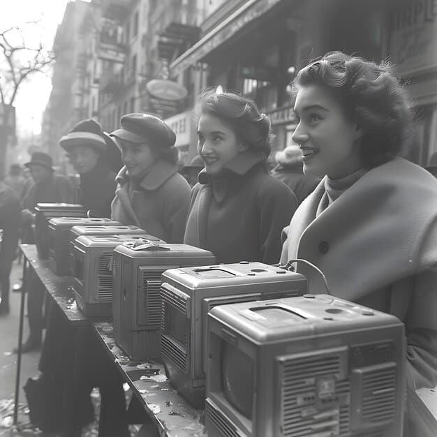 A black and white photograph of people gathered around a radio in the 1940s, listening intently to a broadcast, illustrating the power of radio as a unifying and influential medium during that era.