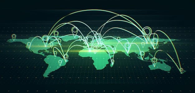 A world map with interconnected lines representing global trade and financial flows, symbolizing the interconnectedness of the global economy and its influence on US economic growth, with focal points on major US cities.