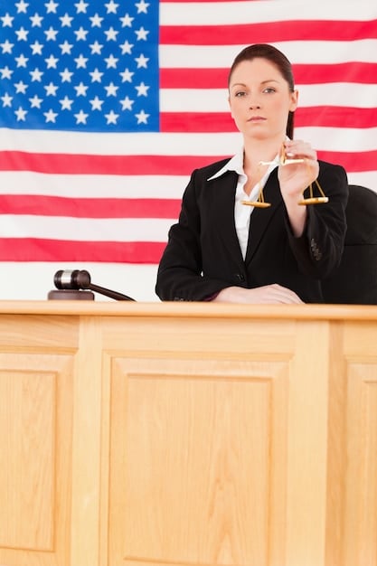 A gavel resting on a United States flag in a courtroom setting. The scene is serious and emphasizes the weight of legal decisions.