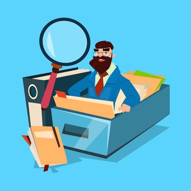 A hand holding a magnifying glass over a document filled with legal jargon, with a determined expression on the face.