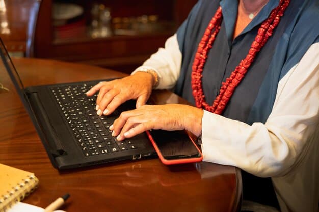A person sitting at a computer in a brightly lit room, focused on the National Archives website, with search results displayed on the screen and handwritten notes beside the keyboard.