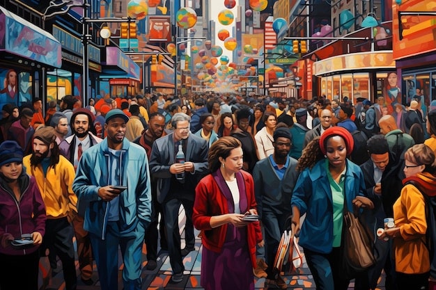 A vibrant street scene in a diverse American city, with people of different ethnicities and backgrounds walking, talking, and interacting, showcasing cultural fusion and urban dynamism.