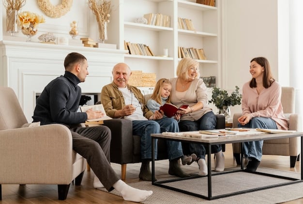 A warm, modern living room with members of a multi-generational family (grandparents, parents, and children) happily interacting, symbolizing evolving household structures and family dynamics in the US.