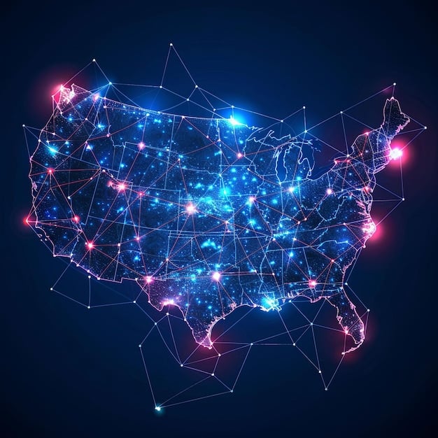 A stylized map of the US with interconnected nodes and lines, representing shifting economic and social networks across regions.