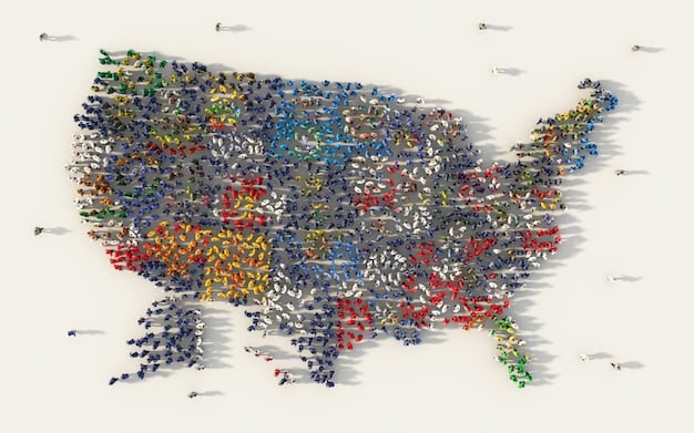 A detailed map of the US showing arrows indicating population migration patterns, with denser areas highlighted, symbolizing regional redistribution and urbanization.