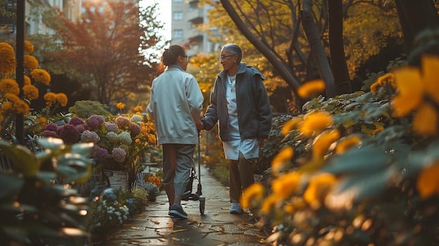 An elderly couple walking hand in hand through a park, with diverse younger people in the background, symbolizing an aging population within a vibrant, multi-generational society.