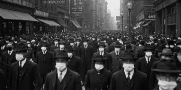 Historical image of people wearing masks during the 1918 Spanish Flu in a US city.