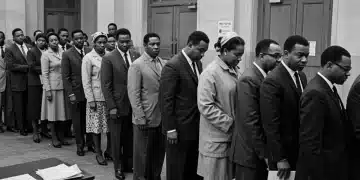 Historical image of African Americans registering to vote, symbolizing the 1965 Voting Rights Act's impact.
