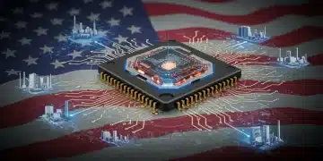 2025 CHIPS Act: Global Semiconductor Impact & US Interconnectivity Advanced semiconductor chip with global supply chain connections and US flag, symbolizing the 2025 CHIPS Act impact.