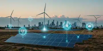 2025 Energy Market: Renewable Shifts & US Grid Impact Futuristic energy landscape with solar panels, wind turbines, and an integrated US power grid for 2025.