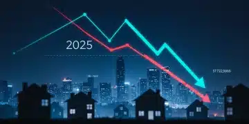 Stylized graphic showing a downward arrow over houses, representing a 2025 real estate market correction.