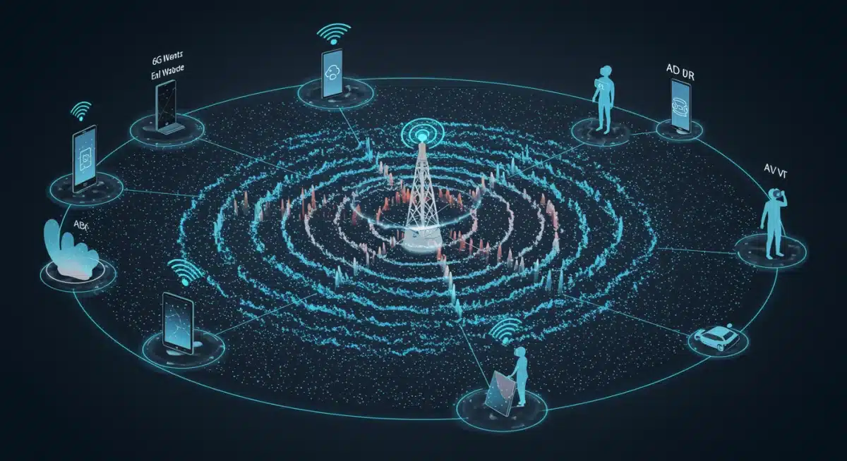 Illustration of 6G antenna with terahertz waves connecting smart devices and autonomous vehicles