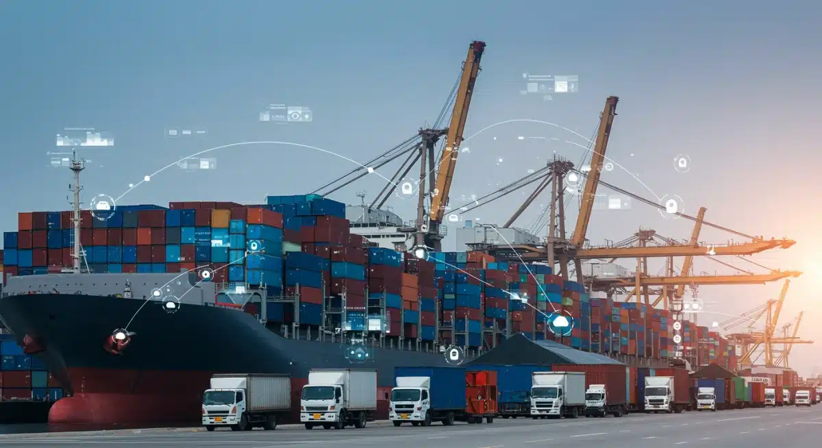 AI optimizing global supply chain for U.S. exports, real-time logistics analysis