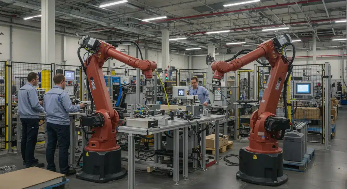Collaborative robots working alongside human workers in a modern factory setting, showcasing automation.
