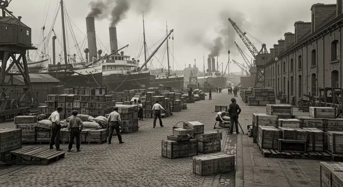 Early 20th-century port activity, showcasing nascent global trade and logistical challenges.
