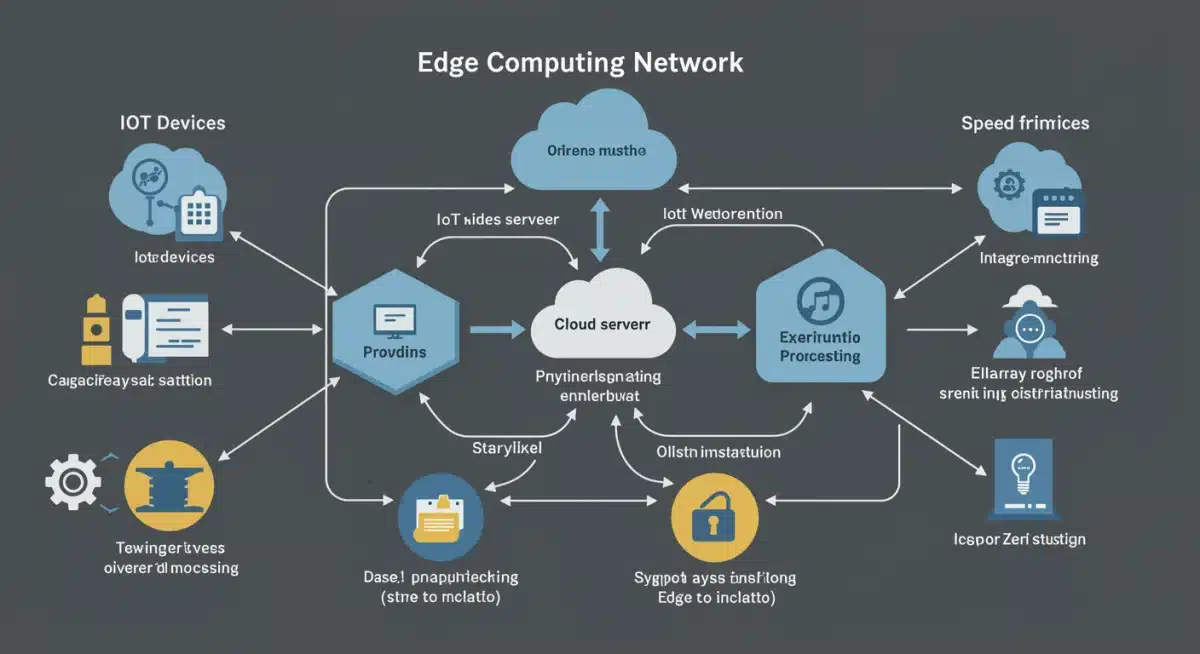 Diagram illustrating the architecture and data flow within an edge computing network, emphasizing distributed processing.
