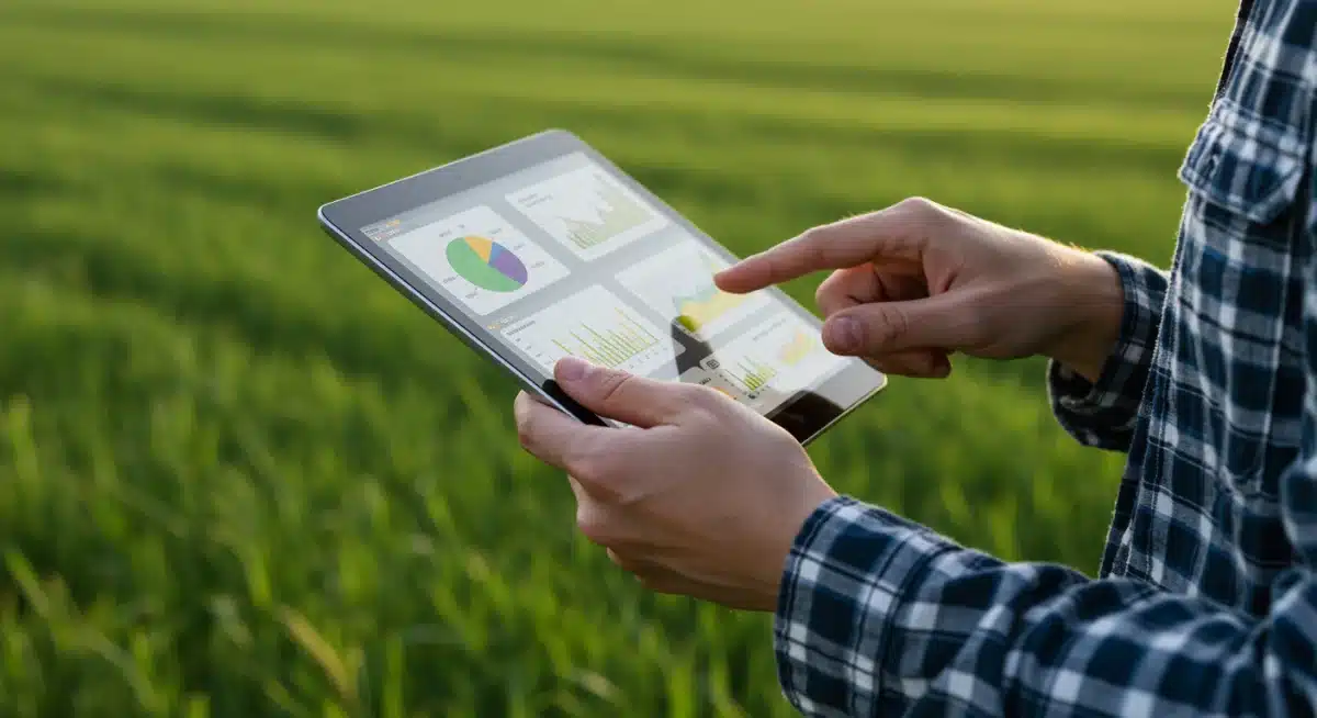 Farmer reviewing digital farm management data for 2025 agricultural policy compliance.