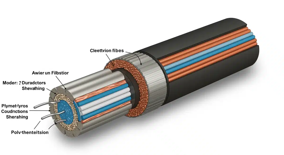 Cross-section diagram of a modern fiber optic submarine cable, highlighting its protective layers and core fibers.