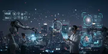 Future of Work: 5 Technologies Redefining US Jobs by 2030 Futuristic cityscape with AI, robots, and professionals interacting with advanced tech, symbolizing the future of work.