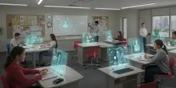 Personalized Learning AI: Transforming US Classrooms by 2029 Futuristic classroom with AI-powered personalized learning, students interacting with adaptive technology