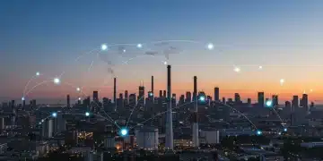 The Next Decade: 25% AI Integration Across US Industries by 2034 Futuristic cityscape with AI neural network connecting diverse industries, symbolizing widespread technological integration and economic transformation.