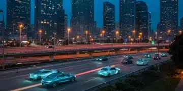 Futuristic urban scene with autonomous vehicles on highways and city streets, representing advanced transportation technology in the US.