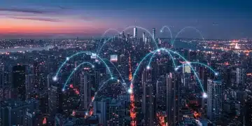 Futuristic cityscape with glowing data networks symbolizing enhanced global connectivity and financial growth from edge computing in the US.
