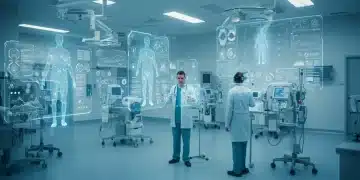 Future Healthcare: 4 Predictive Techs to Cut US Costs by 5% by 2027 Futuristic hospital with AI interfaces and doctors optimizing patient care, symbolizing cost reduction in healthcare.