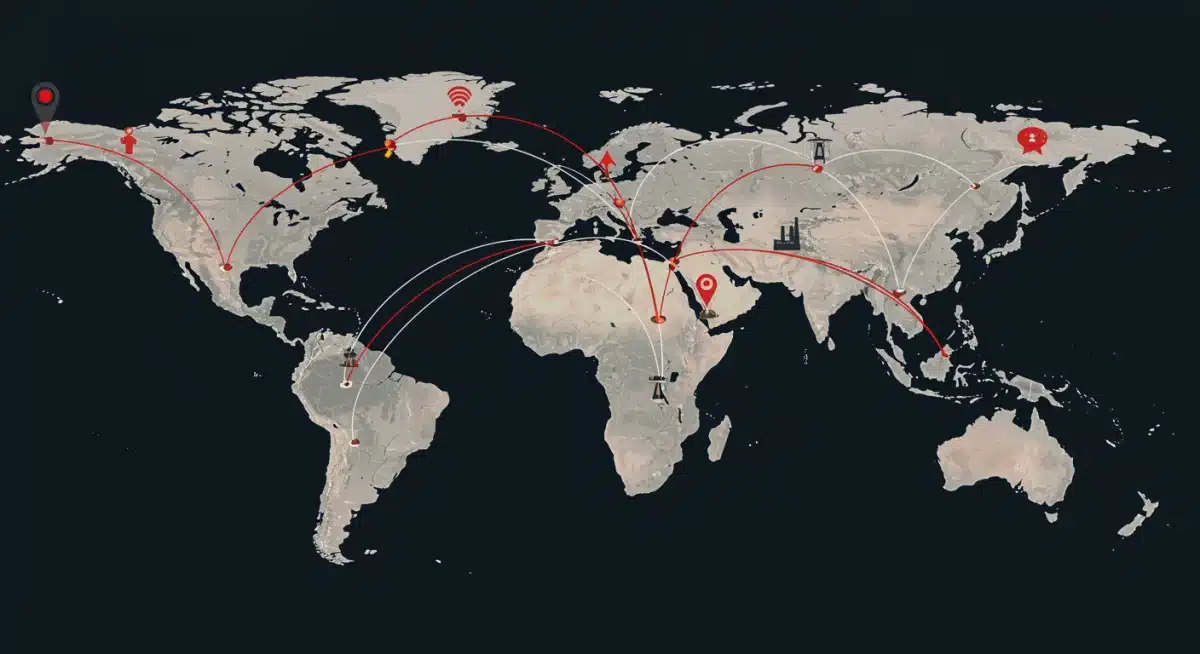 Global supply chain network showing disruptions from geopolitical instability affecting trade