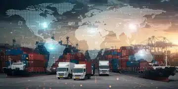 Global Supply Chains in 2025: Vulnerabilities & 8% US Impact Futuristic global supply chain network with interconnected logistics and data streams