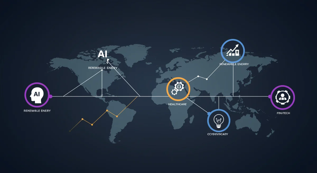 Infographic displaying five interconnected high-growth investment sectors for 2025.