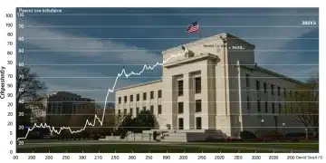 Historical Fed Actions: Predicting 2025 Interest Rates Graph showing historical US Federal Reserve interest rates and a projected path towards 2025, with the Fed building in the background.