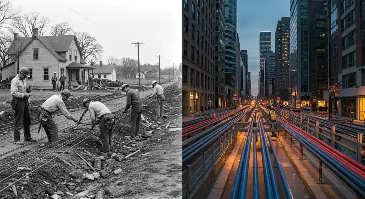 Historical telephone line installation contrasted with modern fiber optic cable deployment