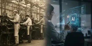 Historical factory workers and modern AI interaction symbolizing technological impact on employment