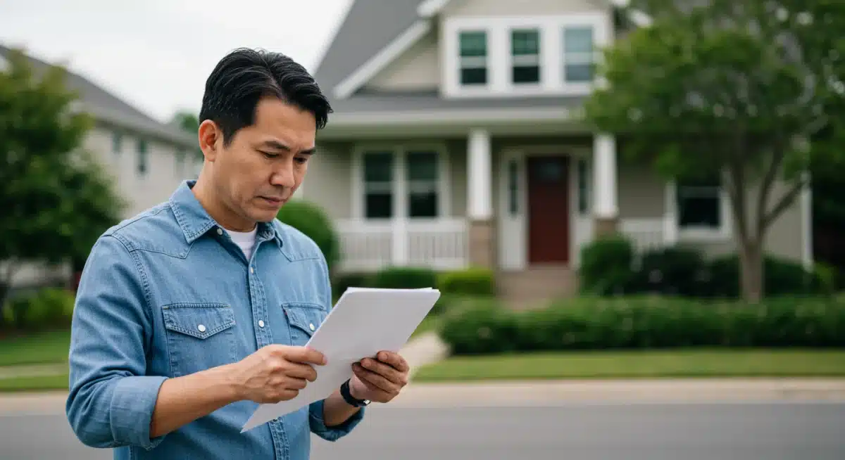 Homeowner reviewing market data in front of their house, contemplating 2025 real estate changes.