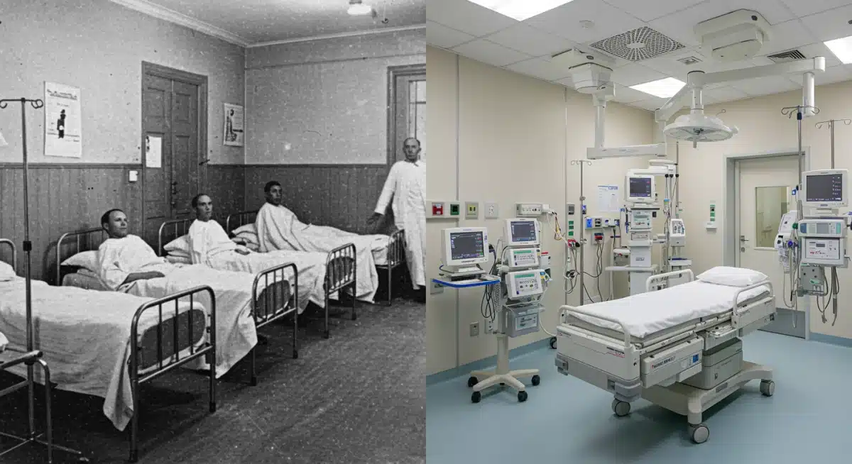 Comparison of 1918 flu hospital ward and modern US healthcare facility.
