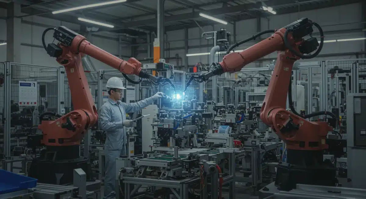 Human workers and robotic arms collaborating on a modern factory assembly line, showcasing AI integration in manufacturing.