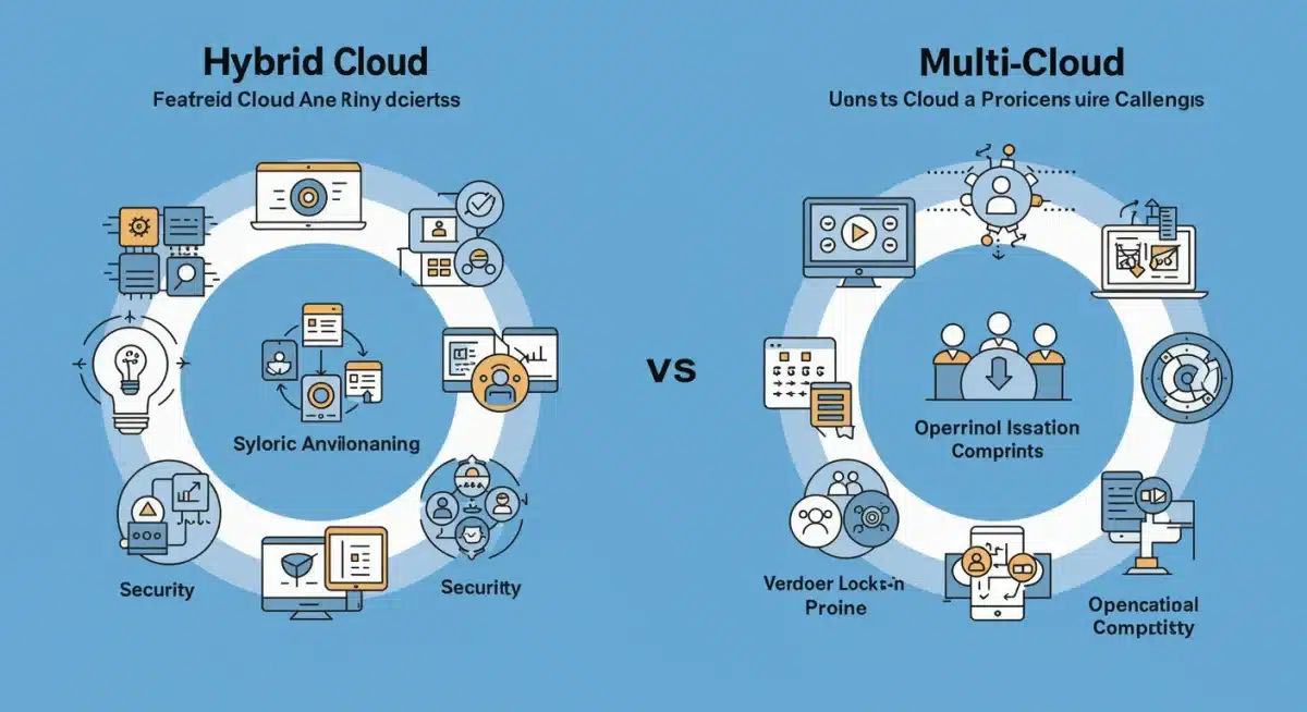 Infographic comparing hybrid cloud vs multi-cloud features and challenges