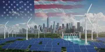 Integrated renewable energy infrastructure with solar, wind, and hydro power powering a modern city.